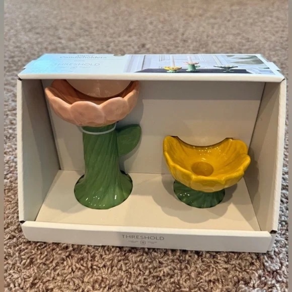 NWT Threshold Flower Ceramic Candelabra Cactus Flower Candle Holders set Spring - Picture 4 of 7